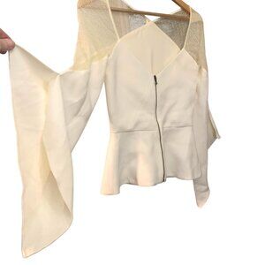 Roland Mouret Women's Cream Fairy Peplum Top Sheer Mesh Flutter Sleeves Front Zi